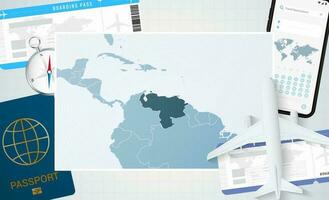 resa till venezuela, illustration med en Karta av venezuela. bakgrund med flygplan, cell telefon, pass, kompass och biljetter. vektor