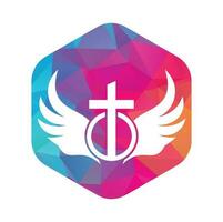 kyrka logotyp. bibel, Jesus' korsa och ängel vingar. vingar kyrka logotyp design ikon. vektor