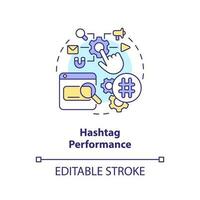 Hashtag Performance Konzept Symbol. SEO Analysieren. Sozial Medien Werbung metrisch abstrakt Idee dünn Linie Illustration. isoliert Gliederung Zeichnung. editierbar Schlaganfall vektor