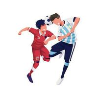 illustration av en vänlig match mellan indonesien och argentina, två spelare huvud de boll vektor