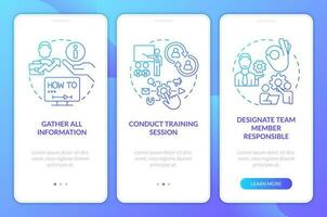 einbeziehen Neu Geschäft Software Tipps Blau Gradient Onboarding Handy, Mobiltelefon App Bildschirm. Komplettlösung 3 Schritte Grafik Anleitung mit linear Konzepte. ui, ux, gui Vorlage vektor