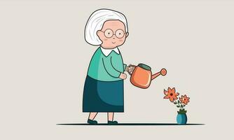 Alten Frau Charakter geben Wasser zu Pflanze von Bewässerung können auf grau Hintergrund. vektor