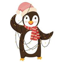 Karikatur Pinguin tragen Santa Hut mit Schal und Beleuchtung Girlande. vektor