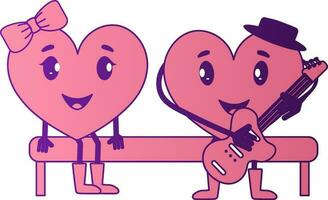 rosa och lila tecknad serie manlig hjärta spelar gitarr med hans flickvän sitta på bänk. vektor
