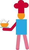 Charakter von Koch tragen Hut und halten heiß Schüssel mit Löffel. vektor