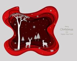 hjortfamilj med snöflingor på konstbakgrund för rött papper för gratulationskort för julhelgfest eller gott nytt år vektor