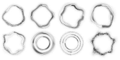 prickad cirkel mönster. abstrakt halvton runda. vektor ram med slumpmässig lutning gradering. grunge ringar design på vit bakgrund.