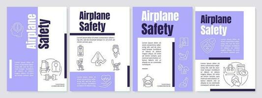 Flug Sicherheit Verfahren lila Broschüre Vorlage. überleben Flugzeug Absturz. Flugblatt Design mit linear Symbole. editierbar 4 Vektor Layouts zum Präsentation, jährlich Berichte