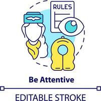 vara uppmärksam begrepp ikon. passagerare säkerhet dricks abstrakt aning tunn linje illustration. flygplan etikett. förbereda till flyga. isolerat översikt teckning. redigerbar stroke vektor