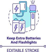 behalten extra Batterien und Taschenlampen Konzept Symbol. Flut Sicherheit messen abstrakt Idee dünn Linie Illustration. isoliert Gliederung Zeichnung. editierbar Schlaganfall vektor