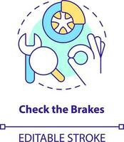 prüfen Bremsen Konzept Symbol. mechanisch Gerät. Fahren Sicherheit zum kommerziell Treiber abstrakt Idee dünn Linie Illustration. isoliert Gliederung Zeichnung. editierbar Schlaganfall vektor