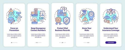 katastrof beredskap för företag onboarding mobil app skärm. genomgång 5 steg redigerbar grafisk instruktioner med linjär begrepp. ui, ux, gui mall vektor