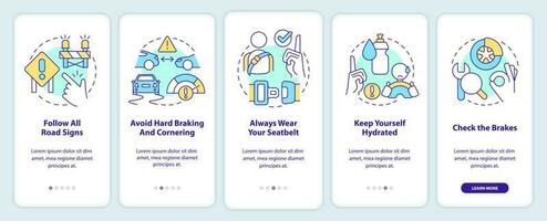 körning säkerhet för kommersiell drivrutiner onboarding mobil app skärm. genomgång 5 steg redigerbar grafisk instruktioner med linjär begrepp. ui, ux, gui mall vektor