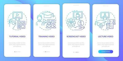 Mikrolernen Videos im online Ausbildung Gradient Onboarding Handy, Mobiltelefon App Bildschirm. Komplettlösung 4 Schritte Grafik Anleitung mit linear Konzepte. ui, ux, gui Vorlage vektor