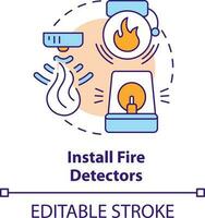 Installera brand detektorer begrepp ikon. vild brand säkerhet abstrakt aning tunn linje illustration. rök larm på vägg, tak. isolerat översikt teckning. redigerbar stroke vektor