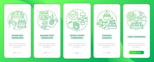 Wirksam Gartenarbeit Grün Gradient Onboarding Handy, Mobiltelefon App Bildschirm. Pflanze Pflege Komplettlösung 5 Schritte Grafik Anleitung mit linear Konzepte. ui, ux, gui Vorlage vektor