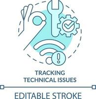 Verfolgung technisch Probleme Türkis Konzept Symbol. Digital Lernen Stress abstrakt Idee dünn Linie Illustration. isoliert Gliederung Zeichnung. editierbar Schlaganfall vektor