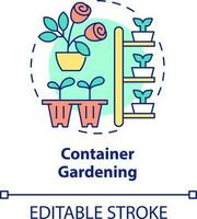 Container Gartenarbeit Konzept Symbol. Innen- und draussen Pflanzen. Gartenarbeit Art abstrakt Idee dünn Linie Illustration. isoliert Gliederung Zeichnung. editierbar Schlaganfall vektor