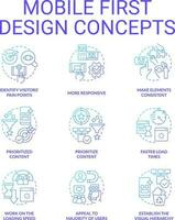 mobil först design blå lutning begrepp ikoner uppsättning. hemsida utveckling. justerbar webbplats aning tunn linje Färg illustrationer. isolerat symboler vektor