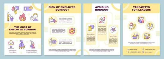 Mitarbeiter Ausbrennen Einschlag Gelb Broschüre Vorlage. Std Pflege. Flugblatt Design mit linear Symbole. editierbar 4 Vektor Layouts zum Präsentation, jährlich Berichte