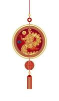 golden Anhänger mit Drachen Ornamente zum Chinesisch Neu Jahr Feier isoliert auf Weiß Hintergrund. Tierkreis Zeichen zum Karte Design. China Mond- Kalender Tier. Übersetzung Jahr von das Drachen. Vektor. vektor