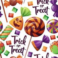 sömlös mönster med halloween sötsaker. lura eller behandla. textur med godis och klubbor med en spiral mönster. lämplig för omslag papper, scrapbooking, tapet, textil- vektor