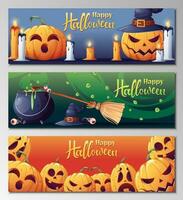 Vektor einstellen von Halloween Banner und Plakate mit Kürbis und Kerzen, Hexen Kessel mit Trank, Besen. Banner, Poster, Werbung zum das Urlaub