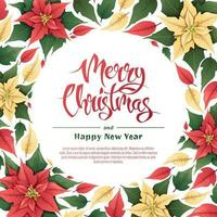 bakgrund med röd och gul julstjärna. jul kort, affisch med festlig blommig dekor. vektor botanisk illustration för ny år och jul