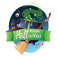 vektor illustration för halloween fest inbjudan eller hälsning kort. häxa s kittel, hatt och kvast. text Lycklig halloween. lämplig för banderoller, affischer, kort, flygblad.