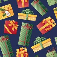 nahtlos Muster mit Weihnachten Geschenke. Kisten im Verpackung Papier mit Satin- Bänder. Hintergrund zum Weihnachten, Urlaub Verpackung Papier, Tapeten, Textilien. vektor