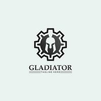 spartanisches Helmlogo und Gladiator, Macht, Vintage, Schwert, Sicherheit, legendäres Logo und Vektor des Soldatenklassikers