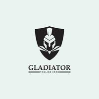 spartansk hjälmlogotyp och gladiator, kraft, vintage, svärd, säkerhet, legendarisk logotyp och vektor av soldatklassiker