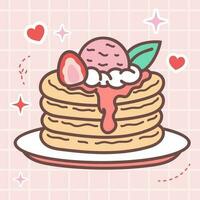 kawaii Essen von süß Erdbeere Süss Pfannkuchen Vektor Illustration mit japanisch Gekritzel Stil zum Kind Produkt, Aufkleber, Hemd mit Rosa Hintergrund