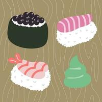 färgrik sushi uppsättning av annorlunda typer vektor platt illustration