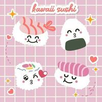 kawaii Sushi und Rollen Vektor im Japan Anime Manga Stil mit süß lächelnd Gesicht Rosa Wangen. japanisch traditionell Küche Geschirr im eben Illustration