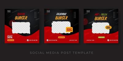Burger Menü Förderung Social Media Banner Vorlage. roter und schwarzer Hintergrundentwurf vektor