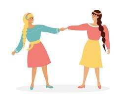 Mädchen halten Hände, weiblich Freundschaft. Karikatur eben Zeichen isoliert auf Weiß Hintergrund. vektor