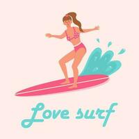 Frau im Badeanzug auf das Surfbrett. Liebe Surfen Beschriftung. Sommer, aktiv Sport, Surfen auf Ozean Wellen, Ferien Konzept. eben Karikatur Vektor Illustration.