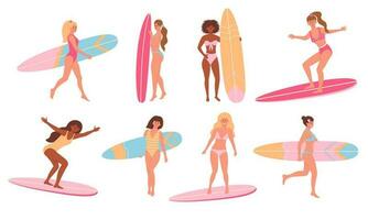 skön kvinnor i baddräkter med surfbrädor. strand surfare flickor uppsättning. aktiva sommar, friska livsstil, surfing, sommar semester begrepp. vektor