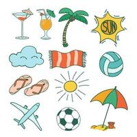 Vektor Sommer einstellen mit Sommer- Artikel Regenschirm, Ebene, Fußball, Volleyball, Hausschuhe, Sonne, Palme Baum, Cocktails, Flip Flops. Vektor Illustration von bunt komisch Gekritzel Sommer- Symbole