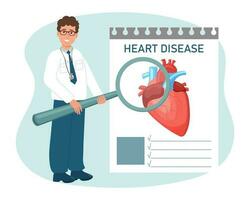 manlig läkare med förstorande glas undersöker mänsklig hjärta sjukdomar, kardiologi. medicinsk sjukvård begrepp. vektor