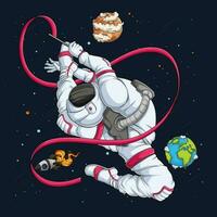 hand dragen gymnastik astronaut i rymddräkt, batong snurrar yttre Plats över raket och planeter vektor