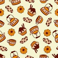 nahtlos Muster mit Kekse, Muffin, Teekanne und Tasse. auf ein Licht Hintergrund, Gekritzel Stil. vektor