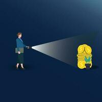 affärskvinna med ficklampa upptäckt mynt design vektor illustration