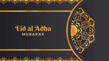 eid al adha Mubarak Gruß Banner zum feiern islamisch Festival mit ein golden Mandala auf schwarz Hintergrund vektor