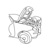 einer kontinuierlich Linie Zeichnung von ein Mechaniker ist reparieren das Wagen. Automobil Design Konzept mit einfach linear Stil. Automobil Vektor Design Illustration Konzept.