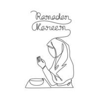 einer kontinuierlich Linie Zeichnung von ein Moslem Frau ist beten während Ramadan Zeit. Moslem beten Design mit einfach linear Stil. Ramadan kareem Design Konzept vektor