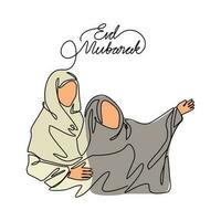 ett kontinuerlig linje teckning av en mor och dotter är har roligt under eid mubarak. eid mubarak och ramadan kareem design begrepp med enkel linjär stil. eid mubarak vektor design begrepp.