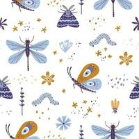 nahtlos Muster mit süß Insekten und Blumen. Schmetterling, Motte, Libelle und Raupe Design vektor