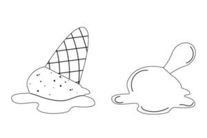 Hand gezeichnet Gliederung Eis Sahne geschmolzen im ein Kopf Nieder Gekritzel Design. Eis Sahne fallen auf das Fußboden vektor